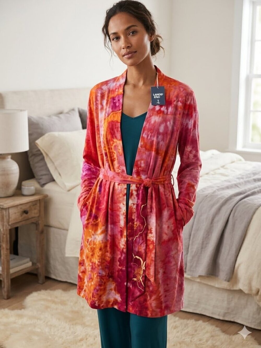 Lands End Size S/M Pink Watercolor Long Sleeve Side Pockets Belted Robe CoverUp